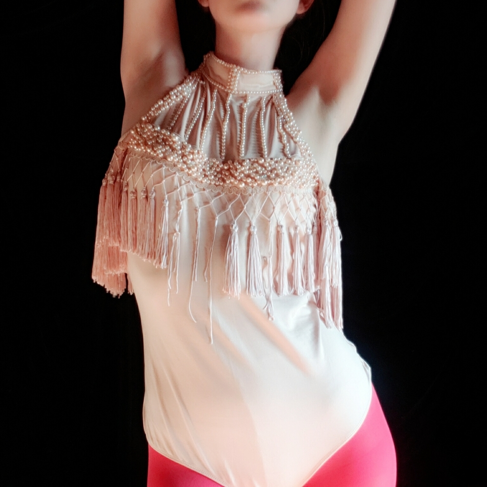4/$20 Faux Balmain pink tassel beaded bodysuit